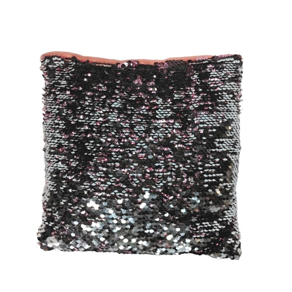 Silver Pink Reversible Sequin Plush Stuffed Pillow 9" X 9"